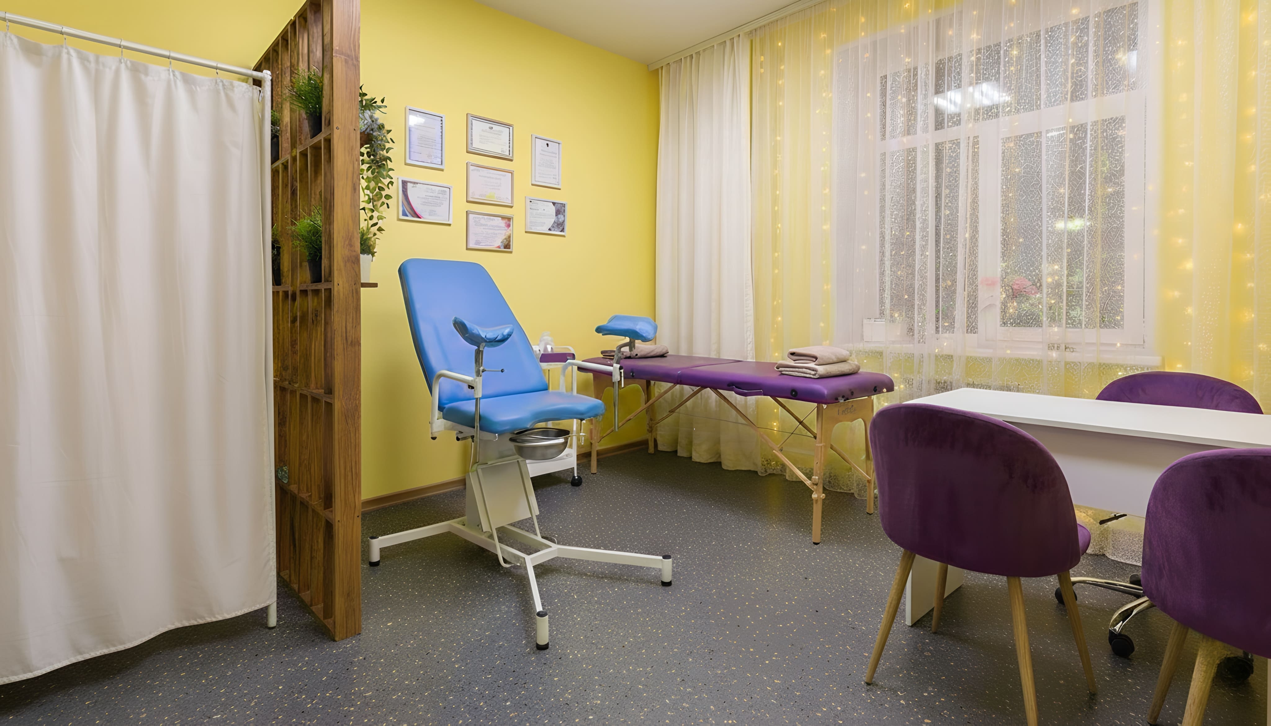 Кабинет гирудопрактики с массажной кушеткой, процедурным креслом и сертификатами ГирудоСиб Новосибирск